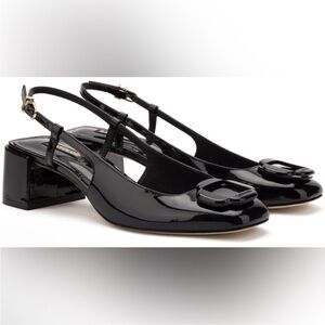 Larroude ‘Maria’ Black patent block heel Slingback Pumps!